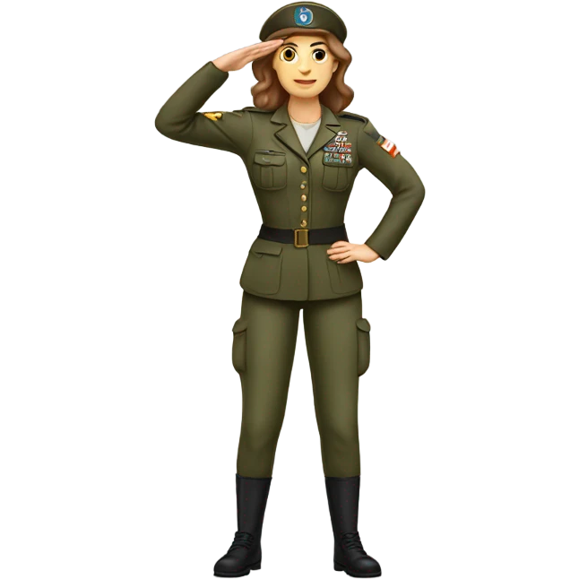 White woman long brown hair in army uniform saluting   emoji