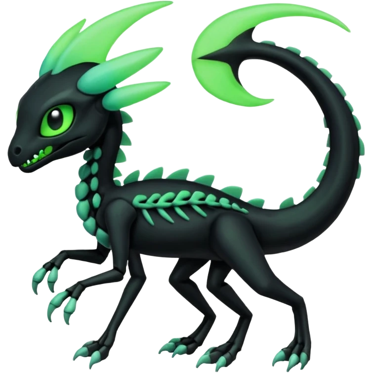 Obsidian-black and neon-glowing-green skeletal Meloetta-Salandit-Gorebyss-Salazzle-Pokémon-Fakémon-creature-fusion-hybrid emoji