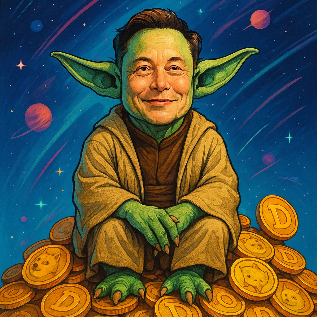 Elon Musk dressed as Yoda, sitting on a pile of Dogecoins, futuristic and whimsical style, pop culture mashup emoji