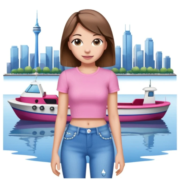 emoji-style character of a young woman with medium-length brown hair, pink short-sleeve crop top, and pearl-studded blue jeans, standing by a waterfront with city buildings in the background emoji
