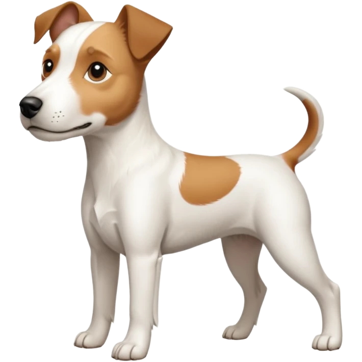 a full body large white parson russell terrier looking dog the size of a kelpie with light brown long ears and a light brown patch on one eye and a large snout emoji