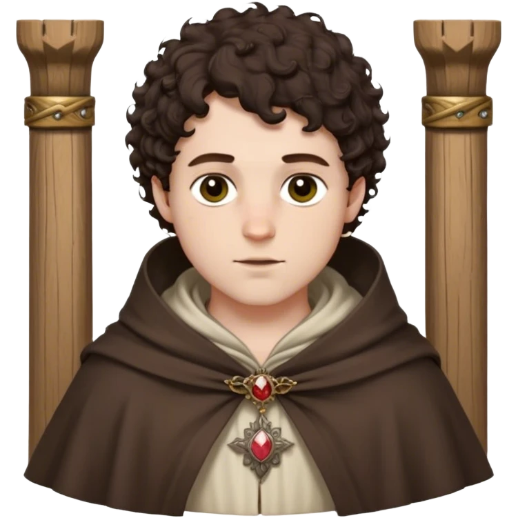 medieval spring outfit worn by a DnD themed fantasy male character. thin wool tunic with a light cloak draped over one shoulder, secured by a wooden brooch. clothes only above the waist. The clothes full waist. The character's haven't arms. character is white-skinned, dark brown hair, hazel eyes, short curly hair. emoji