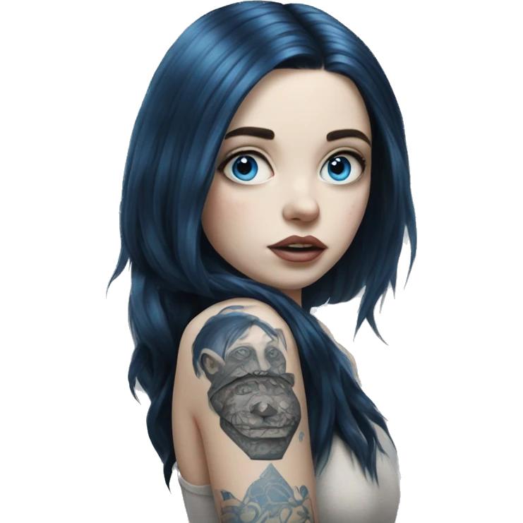 Hyperrealistic Pale girl with blue eyes and black hair arm tattoos emoji