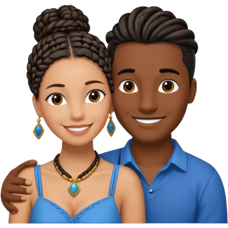 smiling embracing interracial couple from waihair in a bunn in a bunst up. dark ebony woman with long braided hair and jewelry. brazillian man short hair wearing blue. emoji