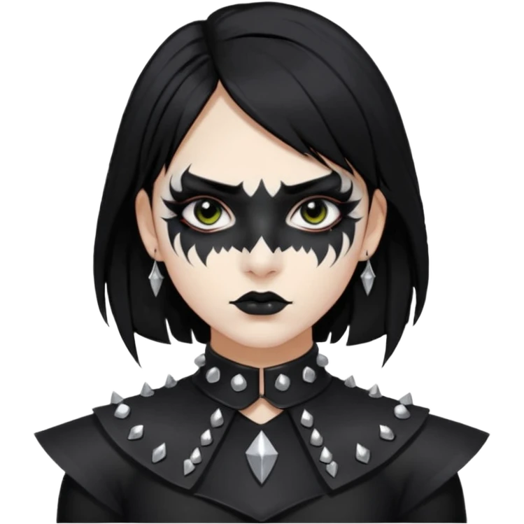 Crea una ragazza con stile black metal,  paint face black metal, capelli neri mossi dalle spalle e occhi bianchi e un collare con borchie a punta emoji