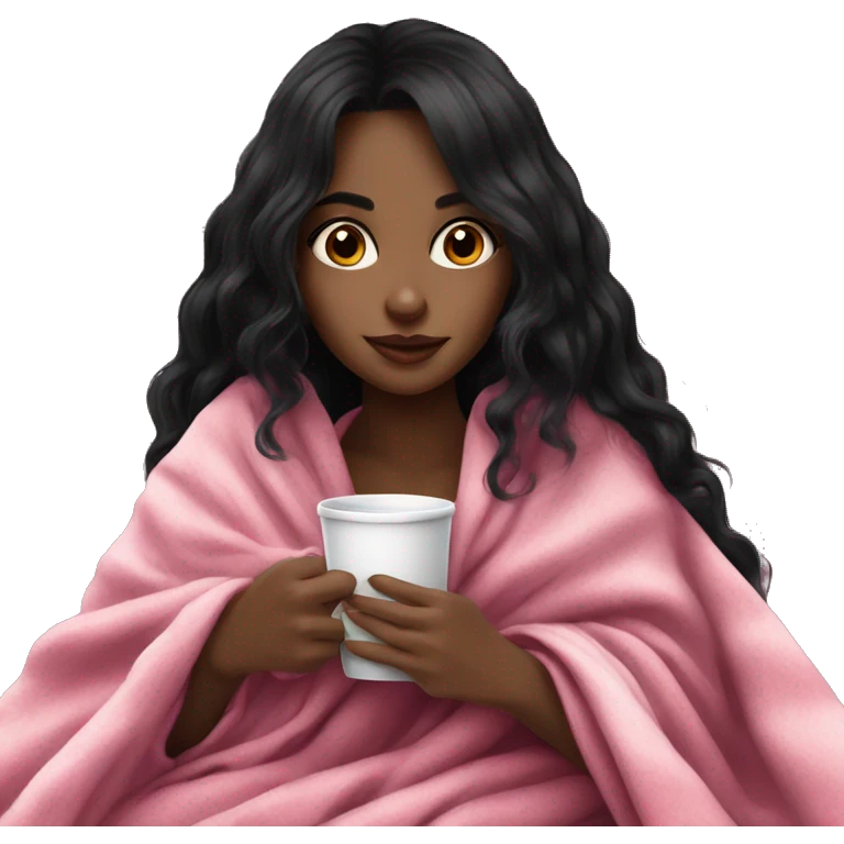 very long black hair pretty dark girl in a pink blanket sipping coffee emoji