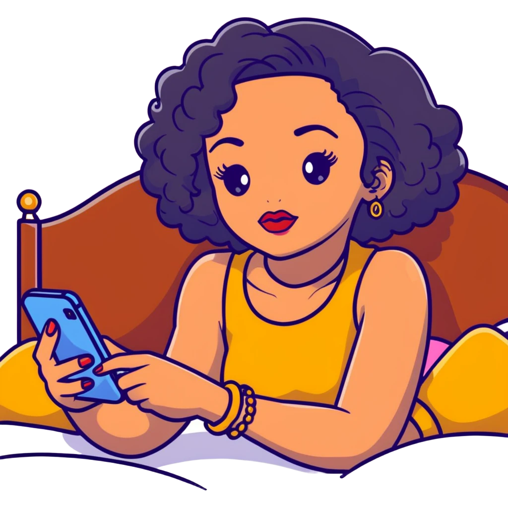 Brown-skinned teenage girl with curly black hair lying on bed looking at smartphone, heavy makeup, big lips, crop top, gold jewelry, choni style outfit emoji