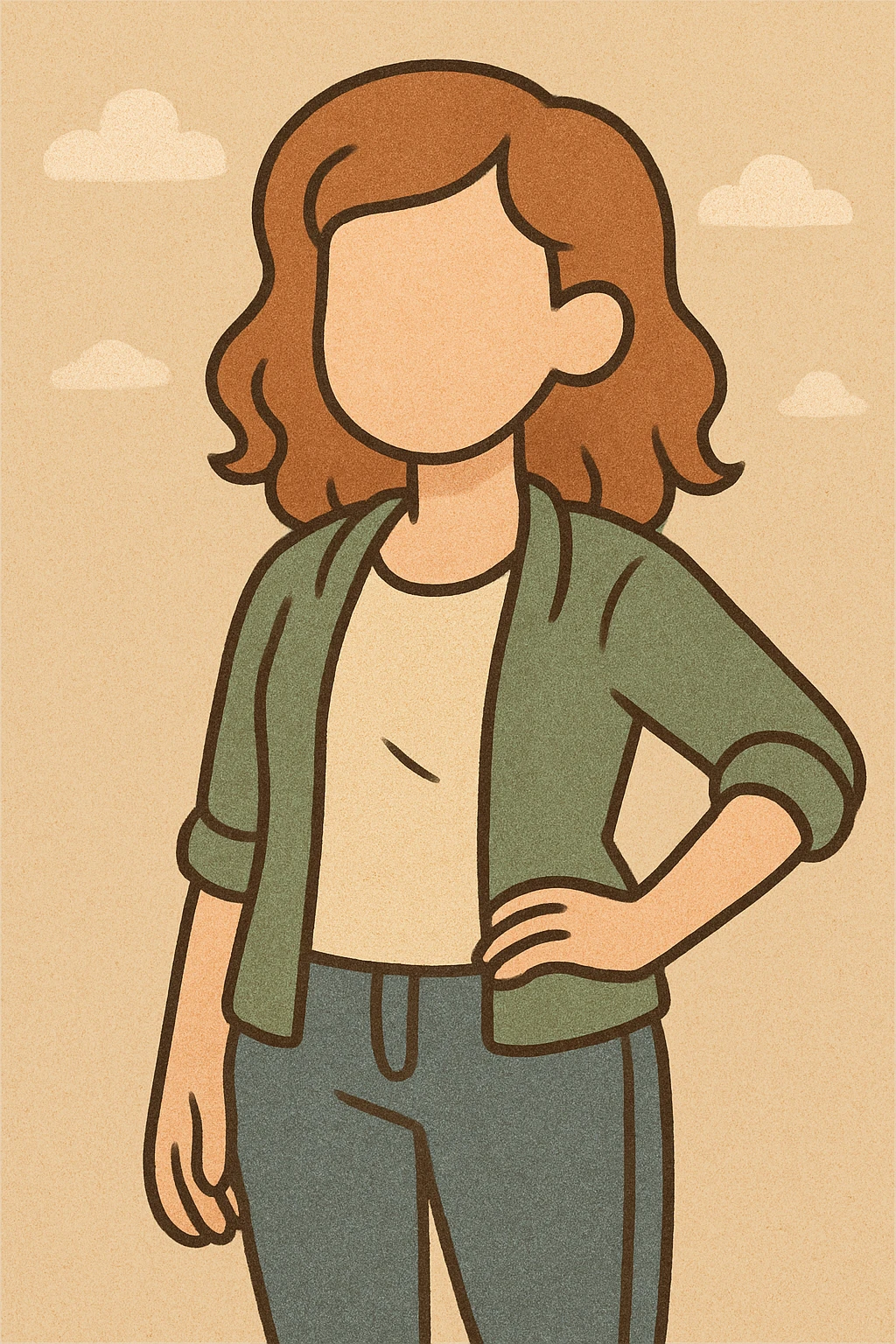 Make the young woman a redhead, keep her friendly and faceless, modern casual style with warm and inviting colors. emoji