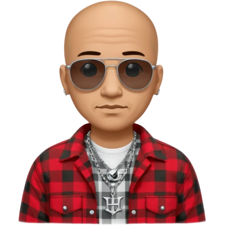 bald mexican cholo with black sunglasses a silver necklace witth h engraved on emblem and flannel shirt emoji