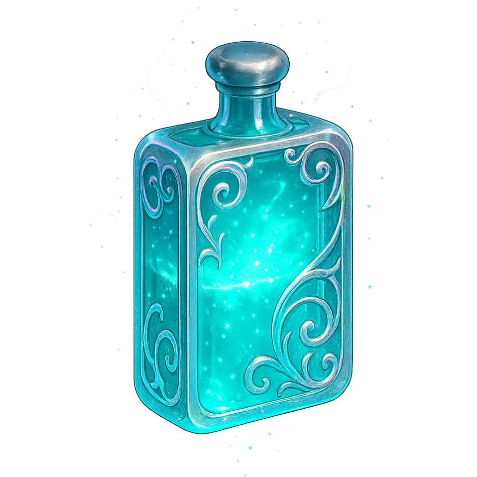 modernus prabangus eliksyro buteliukas, tabletės forma, cyan spalva, holografiniai ir sidabriniai ornamentai, maksimaliai stiprūs magiški švytėjimai ir efektai, labai mažas kaklelis, skaidrus fonas, vientisas dugnas, be šešėlio, plūduriuoja ore, kolekcijos stilius emoji