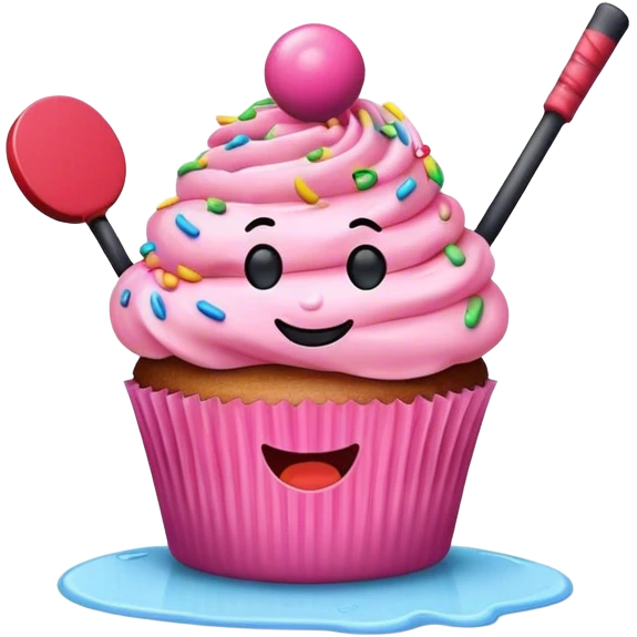 cupcake with pink frosting and sprinkles with a face holding a hockey puck emoji