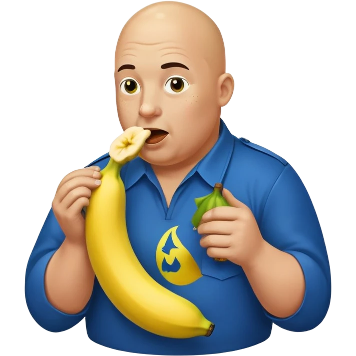 bald a bit fat man in a blue uniform eating radioactive banana emoji