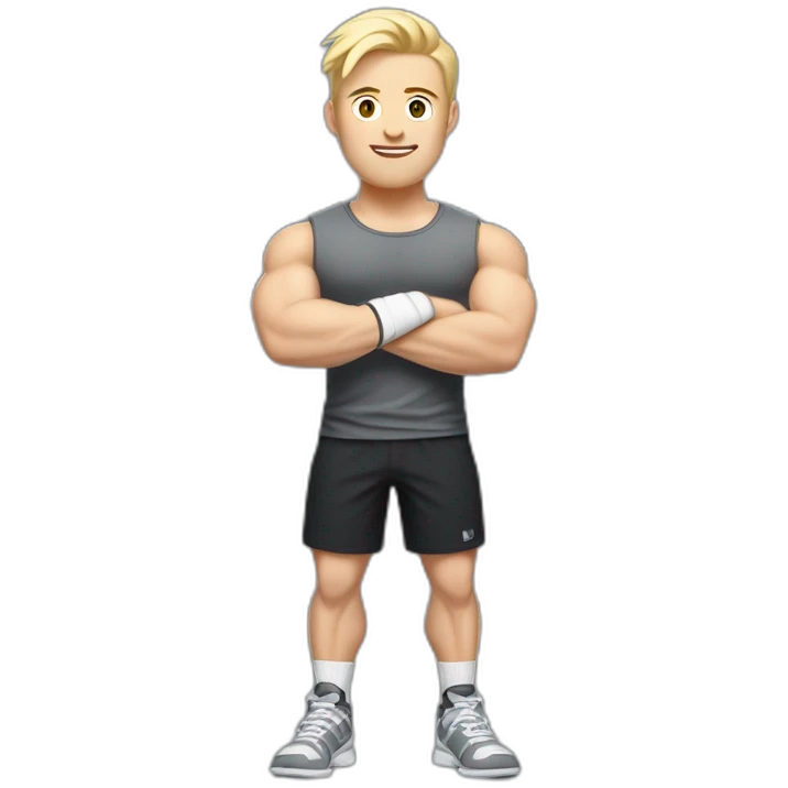 Full height Pale skinned fit man With the biceps and blonde hair In dark gray sleeveless mike, black oversize sports shorts, watch and white sneakers. his arms crossed over his chest emoji