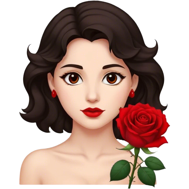 A woman with dark wavy hair, a single red rose behind one ear, and a confident gaze emoji