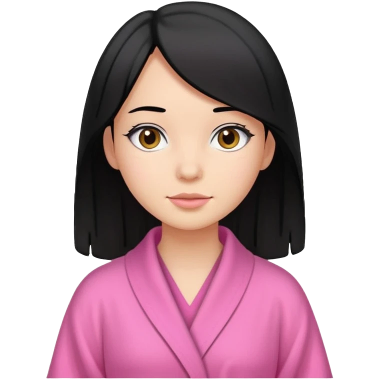 A girl who has black hair (straight but slightly wavy at the end), has a medium to bright skin tone, wearing a pink robe emoji