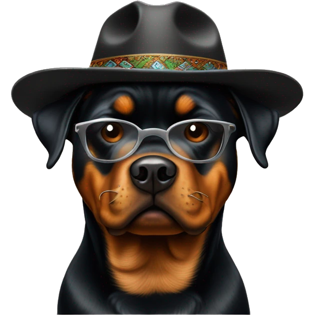 rottweiler fumando cigarrillo, con lentes negros, y sombrero de rapero emoji