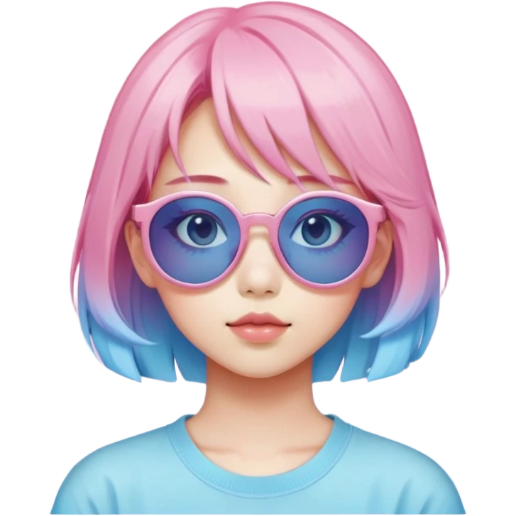 Vaporwave aesthetic Japanese girl with pastel pink hair, retro 80s sunglasses, nostalgic color palette of pink and blue, Japanese kanji characters floating, gradient background emoji