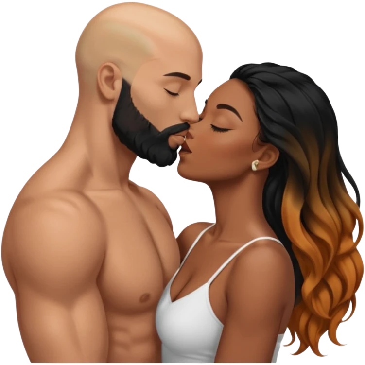 intimate moment between lovers, JetSetFly , photo Realistic Couple, black women with long black balayage hair & kissing bald white muscular man with ginger Beard  emoji
