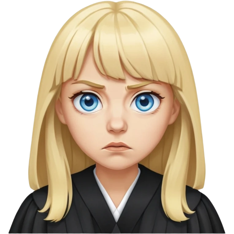 Very Angry with blue eyes, blonde hair with bangs, circles under her eyes from being tired in a black judges robe emoji