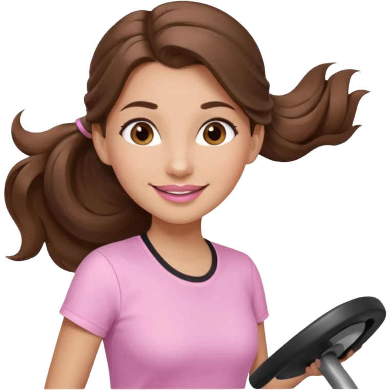 girl with wavy long ponytail brown hair, brown eyes, light to medium complexion, long lashes, light pink lipstick, wearing light pink shirt, on an elliptical emoji