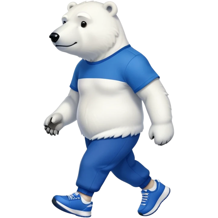 strong-looking friendly anthropomorphised polar bear walking with a confident stride, wearing a royal blue t-shirt, black pants, and trainers emoji