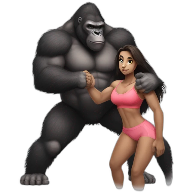 Big buff Gorilla holding a beautiful girl with a big back doing exercises emoji