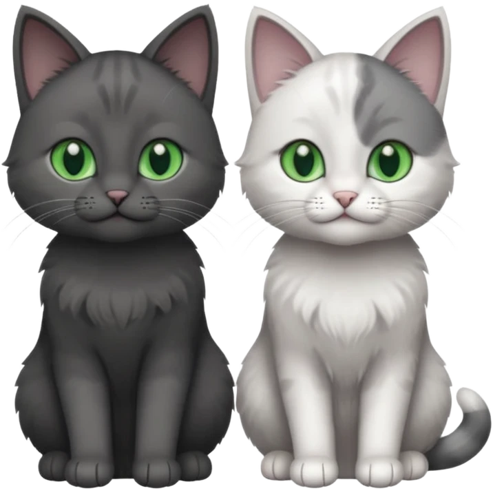 2 different coloured small cats including a dark grey and white and a completely solid dark grey with green eyes and only white paws emoji