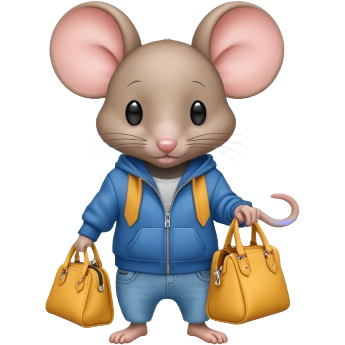 A fashionable mouse in wide jeans and a zip hoodie with a Balenciaga bag emoji