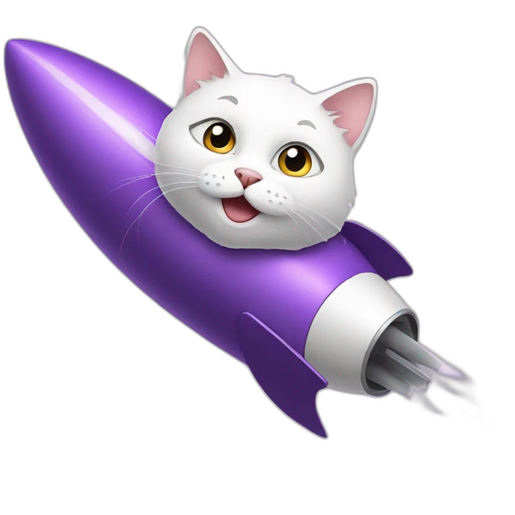 a white cat on a purple rocket emoji