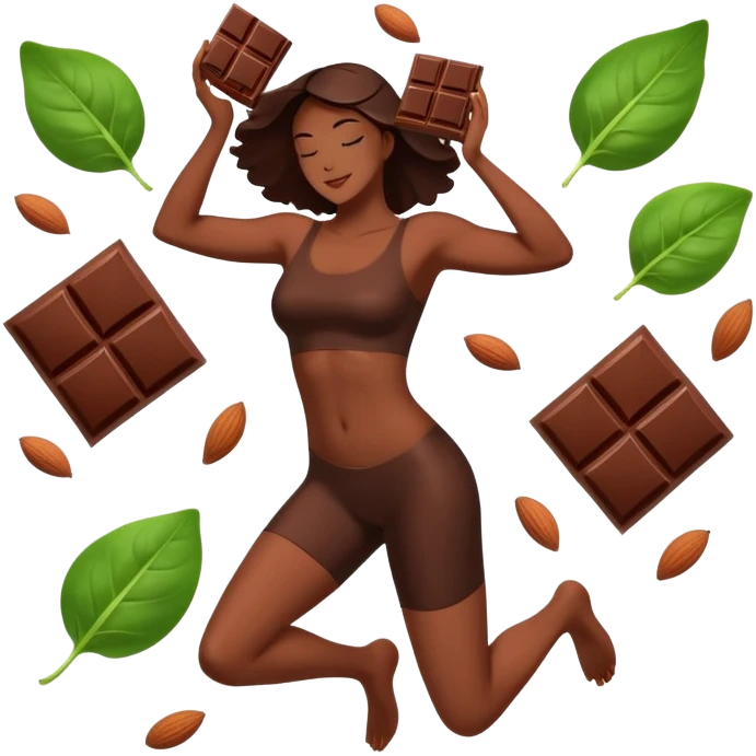 Relaxed body silhouette surrounded by floating food: several large, shiny dark chocolate squares prominently featured, along with spinach leaves, almonds, and seeds. Gentle light connecting these foods to muscles and nervous system, creating a calming effect throughout the body. emoji