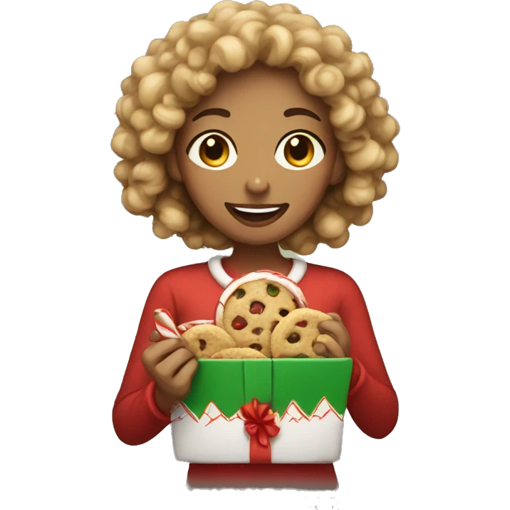 Light skinned women with curly hair eating a Christmas cookie emoji