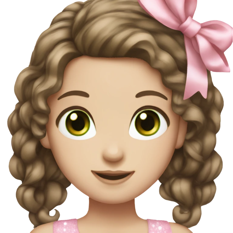 girl with brown hair and green eyes wearing a pink bow in hair, smiling, white glitter eyeshadow, pale skin,  emoji