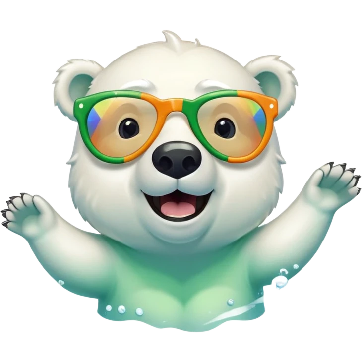 friendly anthropomorphised polar bear swimming freestyle, excited expression, wearing large multicolored star-shaped glasses, no St. Patrick's Day outfit emoji