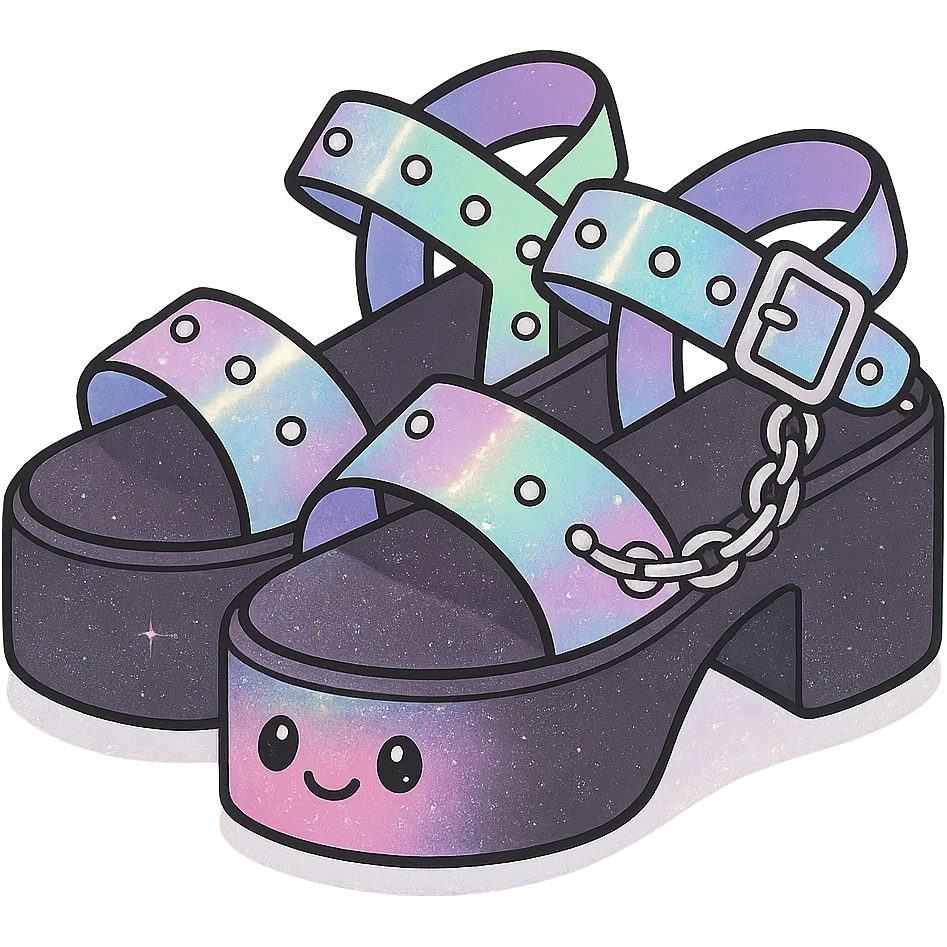 Add a holographic effect to the black-to-pastel pink gradient platform sandals with silver studs and chains, subtle glitter, kawaii style, no socks, no hearts, transparent background emoji