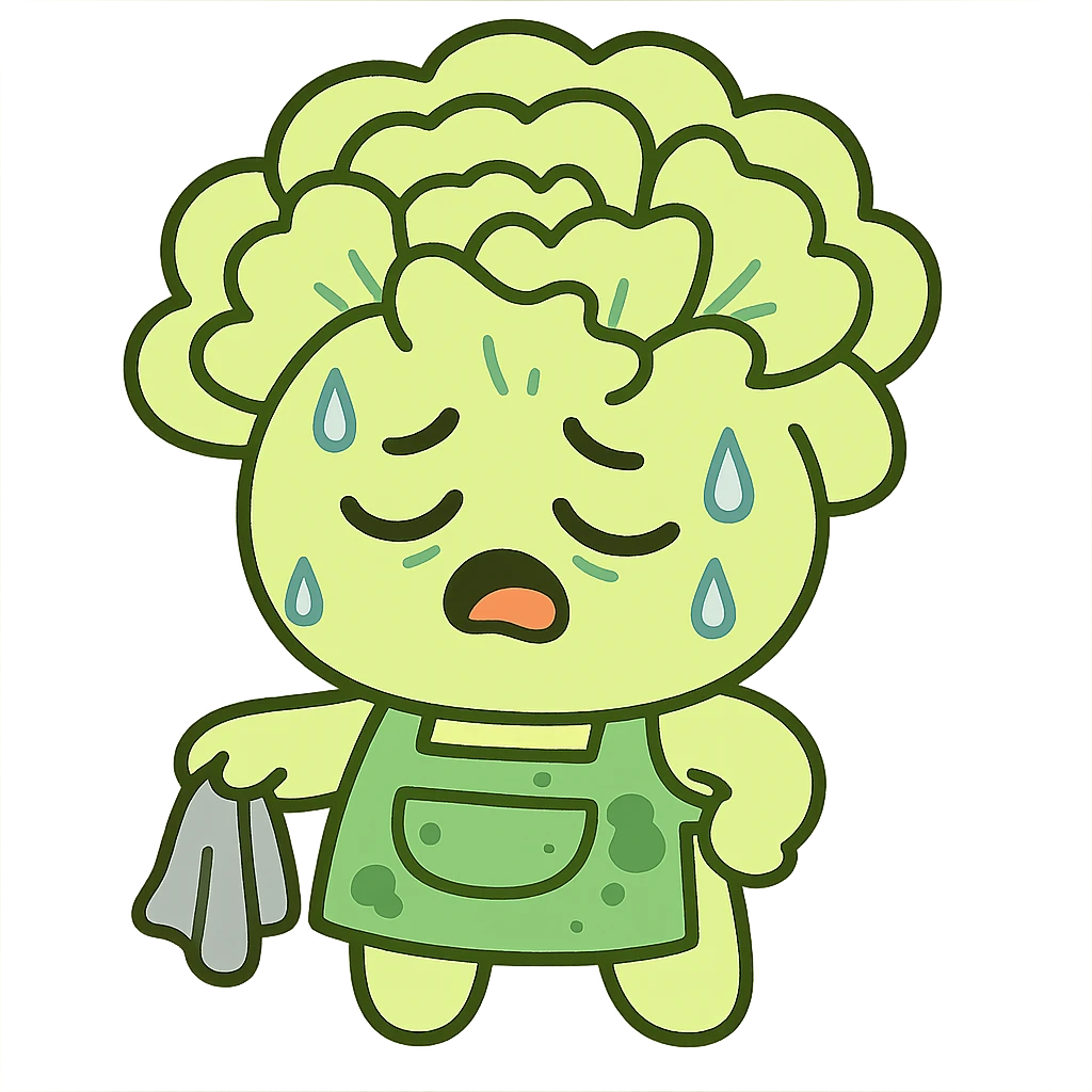 light green carnation flower with a messy apron and exhausted face, sweat dripping, holding a cleaning rag, super round chibi style, pastel-toon style emoji