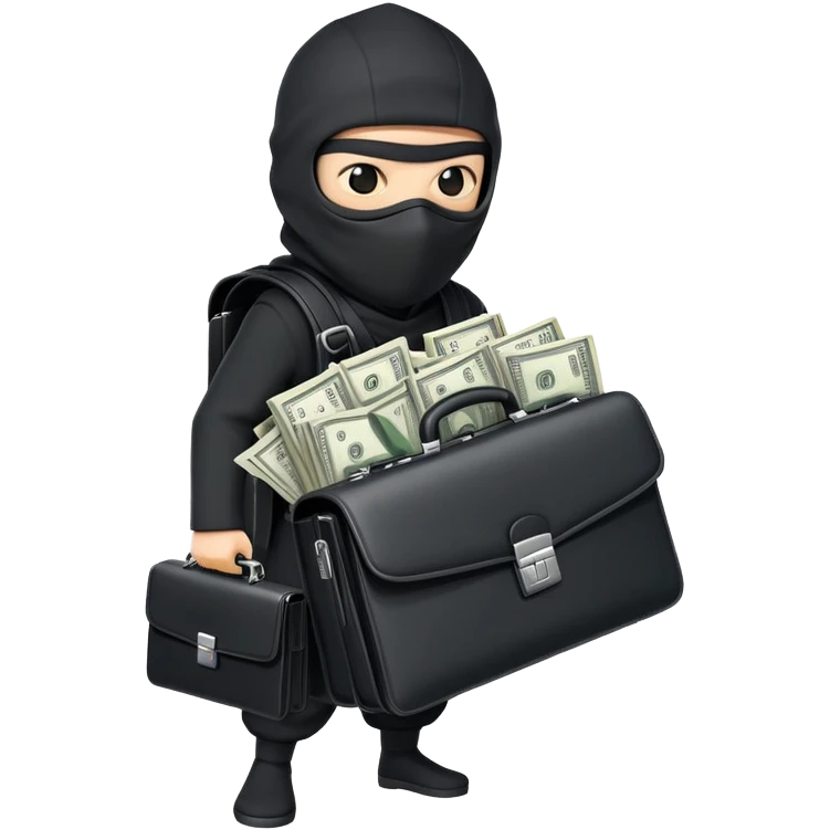 Masked ninja carrying a black briefcase overflowing with dollar bills emoji