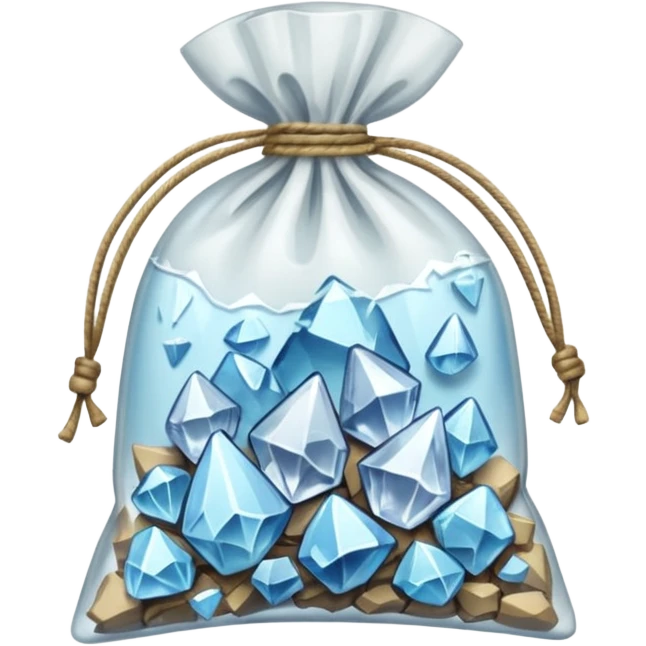 A transparent baggie tied at the top containing clear glass pieces crushed into shards and chunks of crystal clear with white hue glass only emoji