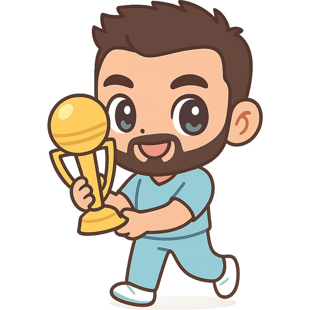 Virat Kohli, chibi style, big eyes, cricket uniform, playful expression, holding a trophy emoji
