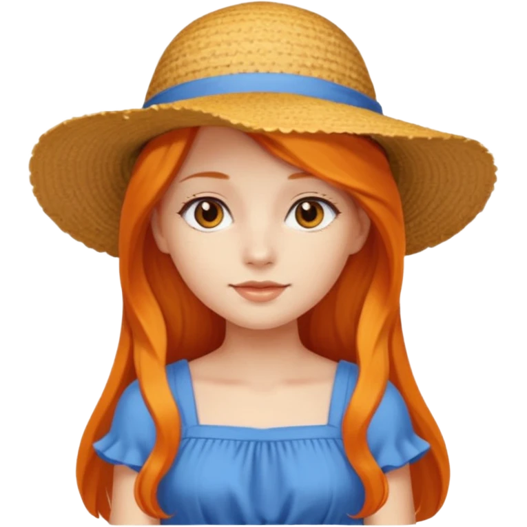 girl_wearing_summer_hat, orrange long hair, blue dress emoji
