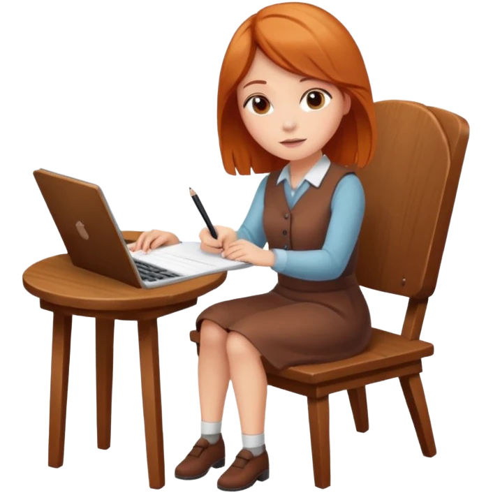 Русоволосая девушка - психолог сидит в кресле и делает запись на бланке emoji