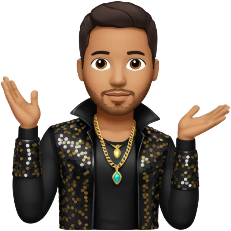 Romeo Santos with dark brown hair, black sequin outfit emoji