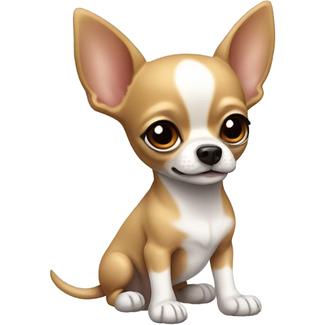 Little Chihuahua with a white stripe on forehead and big pointy ears and a little bit of white on chest and white feet going up to ankles  emoji