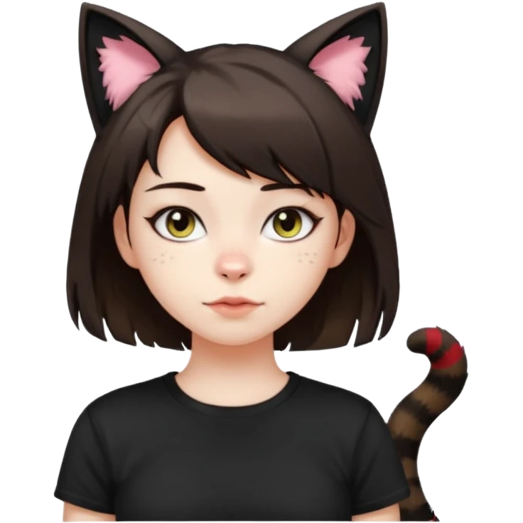 a girl with pale skin, short dark brown hair with lots of dandruff , cat ears and a tail, with a black t-shirt on emoji