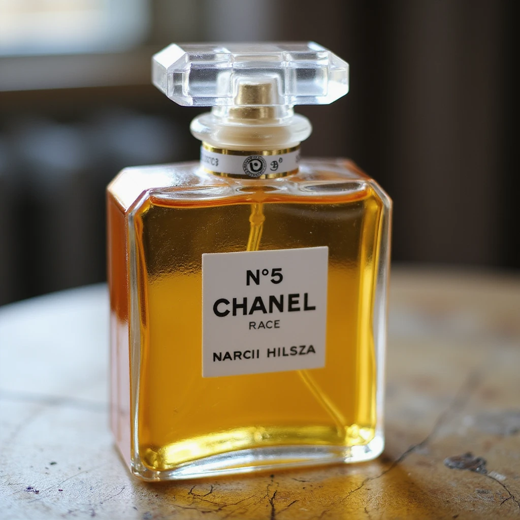 photorealistic Chanel No. 5 bottle cake, gold and clear sugar details, no background emoji