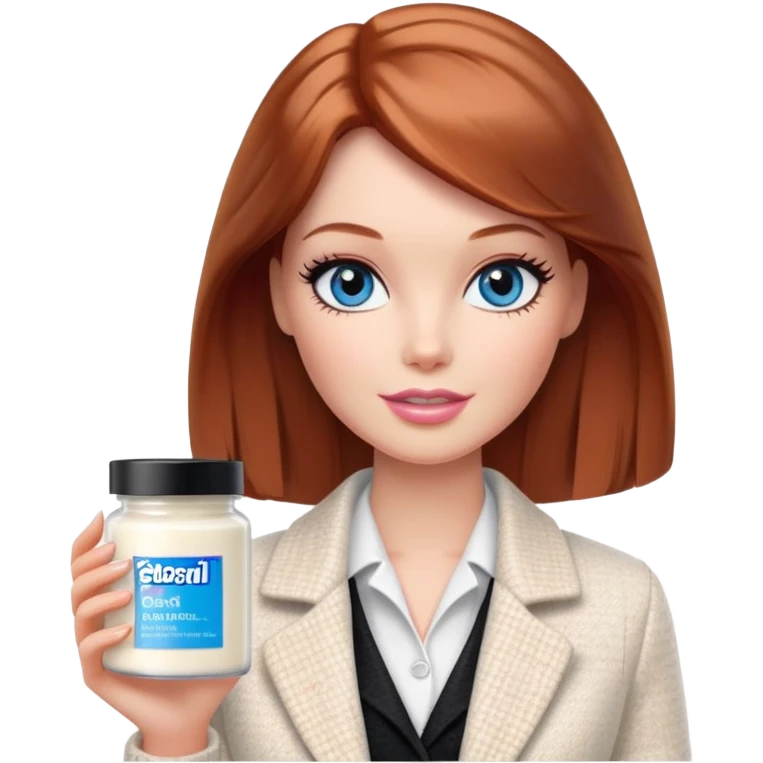 A Barbie girl with blue eyes, shoulder-length reddish-brown hair with makeup, wearing a white tweed jacket and a black skirt, holds pale beige body moisturizer cream pot emoji