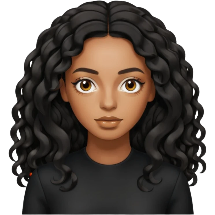 Solange with black long wavy hair, black outfit emoji