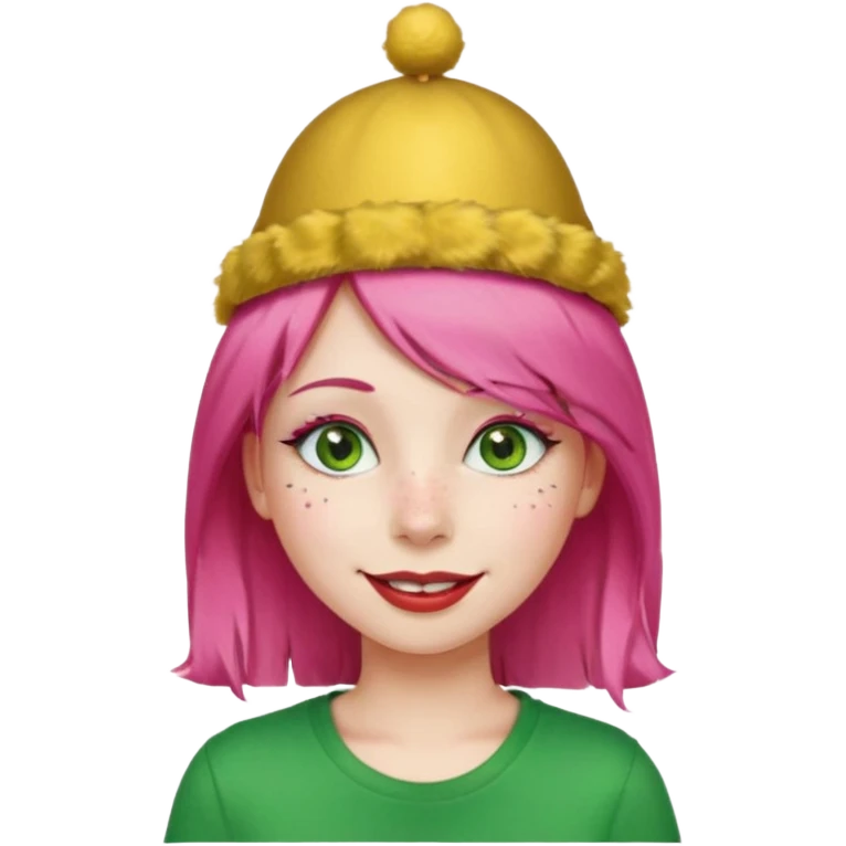 Create a girl with pink hair and green eyes with long eyelashes and a smiley face. She has freckles in her face and a lit of bit of lipstick on her mouth, she’s also got gold birthday hat on her head with gold pom poms on top of it, and her T-shirt is red emoji