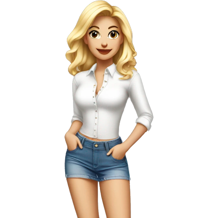 Blonde woman with white tight blouse and denim mini skirt and high platform heels looking at the camera emoji