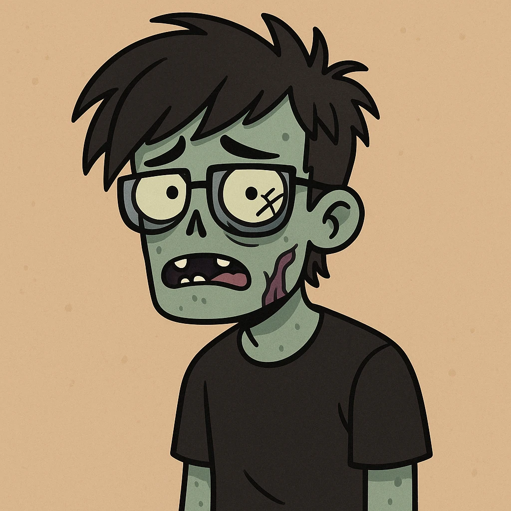 zombie boy with emo hair, screwed glasses, and black shirt, cartoon style emoji