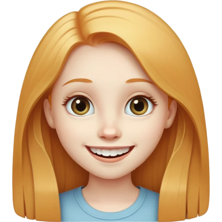 traditional simple emoji of young girl with very pale skin, long straight ginger blonde hair, big eyes, big smile with teeth showing, classic round face emoji